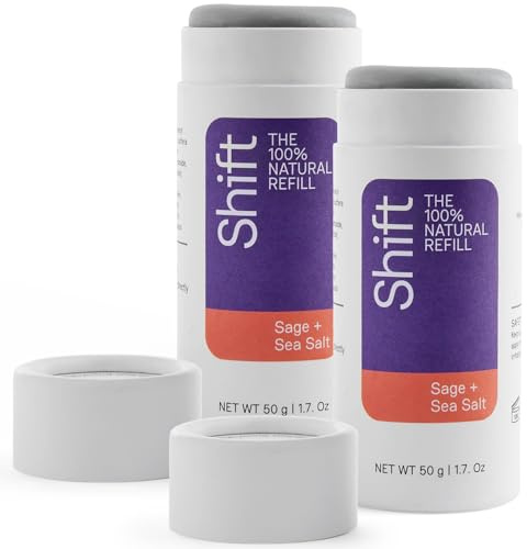 Shift Natural Deodorant Refill Sticks Pack of 2 - Sage & Sea Salt - Aluminium Free - Plastic Free - Long Lasting Odour Protection