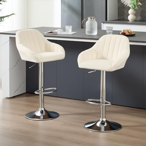 Orirsnug Velvet Bar Stools Set of 2,Height Adjustable Swivel Barstool Beige | Breakfast Barstools, Upholstered Kitchen Stools with Back and Sturdy Base, Suitable for Bars Kitchens and Breakfast Counters