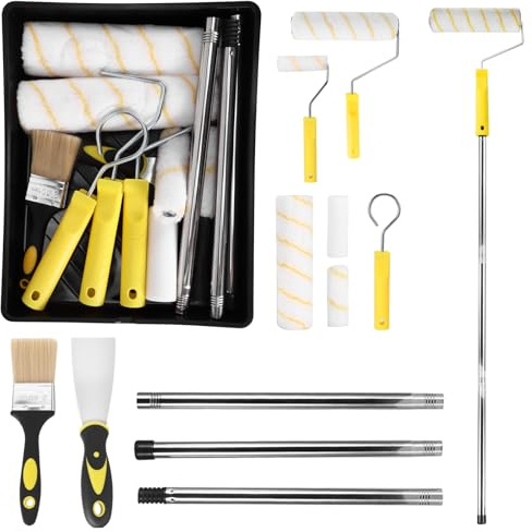 Paint Roller Set, 9 Inch Paint Roller Brush Set with Extension Pole | Includes Paint Tray, Brush, Rollers, Paint Mixer, Scraper for Painting for Walls and Ceilings,15 Pack