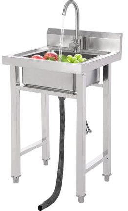 Évier Commercial Inox, Plonge Professionnel Autoportant, Grand Bac Profond 35cm, Évier Cuisine sur Pied Inox 201 avec Robinet 360° et Panier Filtre, pour Restaurant Food Truck Jardin Garage 50x50x93cm