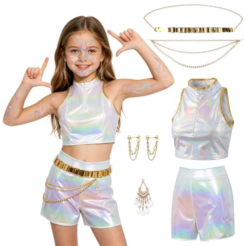K Pop Cosplay Enfants Déguisement, Tenue de Cosplay Anime Filles | Costume pour Enfants Avec T-Shirt, Tatouages Temporaires, Short et Bijoux, Parfaits pour Fille Costumées D'halloween