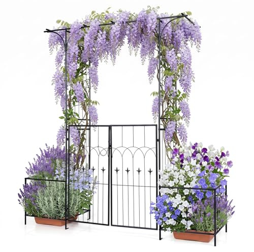 GYMAX Arche de Jardin en Métal avec 2 Jardinières, 200 x 51,5 x 206 cm | Treillis Extérieure pour Rosiers, Vignes et Plantes Grimpantes, Double Portail Verrouillable, pour Cérémonie, Fête, Mariage