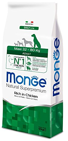 Monge Natural Superpremium ADULT RICH IN CHICKEN, Hundefutter für alle Rassen (Trockenfutter für Hunde zwischen 32 - 80 kg, mit Huhn, sehr Ballaststoff- & Vitaminreich, 12 kg)