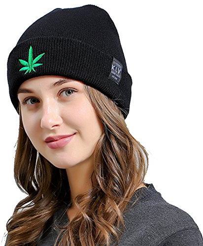 Belsen Damen ich Marihuana-Blatt Hiphop Beanie Strick Mütze Skull Cap (schwarz)