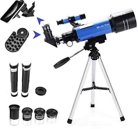 MaxUSee 70 mm Refraktor-Teleskop für Kinder & Anfänger, Tragbares Teleskop mit Stativ & Sucherfernrohr, 4 Vergrößerungsokulare & Telefonadapter, Blau