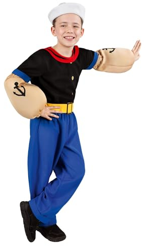 Maskworld Popeye Comic Seemann Kinder-Kostüm 7-teilig - Hemd, Hose, Muskel-Arme und Matrosenmütze (122-128)