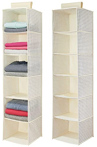 mDesign 2er-Set hängender Textilschrank aus Kunstfaser – praktisches Hängeregal mit je 6 Fächern – zusammenfaltbarer Hängeschrank aus Stoff für das Schlafzimmer – naturfarben/kobaltblau