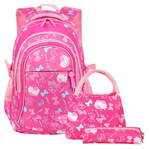 Mädchen Schultasche Cute Katze Printing Schulrucksack Teenager Mädchen Schulranzen Wasserdicht Kinderrucksack 3 Teile Set für Schule und Freizeit (Rose rot)