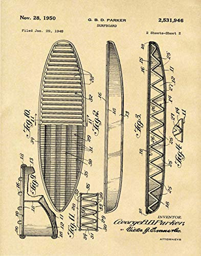 Surfen Wandbild Surfen Poster Surfboard Print Patent Print of 1950 Surf Board Poster Surfboard Poster Strand Surf Decor Surf Wall WB049, pargament, 8.3 x 11.7 (A4)