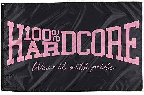 Bandera con texto de la marca 100 % Hardcore Gabber en color negro y rosa fucsia, bandera tecno, decoración de pared