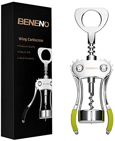 Wine Bottle Openers, BENENO Zinc Alloy Premium Wing Corkscrew Wine Opener with Multifunctional Corks and Caps Bottle Opener, Green