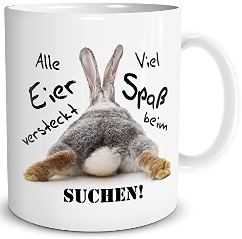 TRIOSK Tasse Hase Frohe Ostern mit Spruch Eier Suche lustig Ostergeschenke Erwachsene Ostertassen Sprüche Geschenk für Männer Frauen Kollegen, Keramik 300ml
