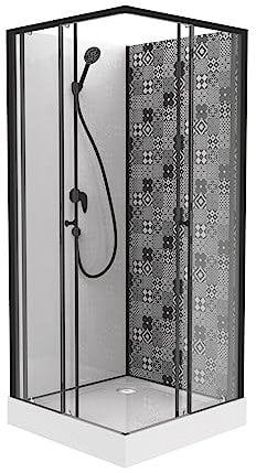 ONDÉE, Cabine De Douche Ciment, Montage Sans Silicone, Cabine 90X90X207Cm, Accès D'Angle, Portes Coulissantes En Verre Trempé 5Mm, Profilés Aluminium Peint Noir Mat, Livrée En Kit