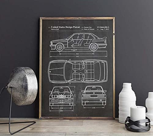 ZMFBHFBH Auto E30 M3 Kunstwerk, Auto Wandkunst, Transportplakat, Raumdekor, Druck, Blaupause, Wanddekoration Wandkunst Poster 60x80cm (24x32in) mit Rahmen