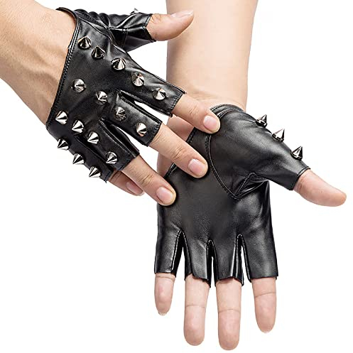 1 Paar Punk Handschuhe Nieten Handschuhe Fingerlos Rock Handschuhe Damen Half Finger Bowknot Lederhandschuhe für Tanz Hip Hop Performance Pole Dance Cosplay Party