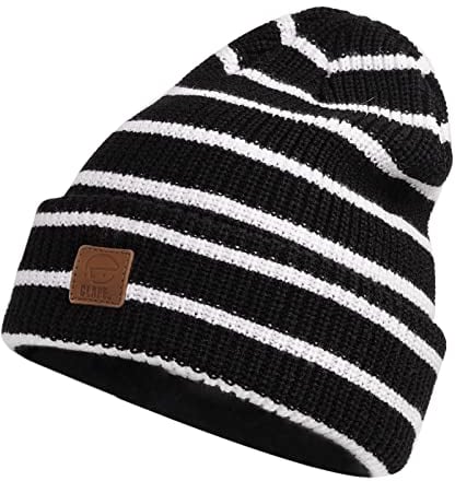 CLAPE Winter Beanie Mütze Herren Damen Leatherpatch Strickmütze Acryl Rollmütze Thermo Slouch Mütze Cuffed Warm Hat