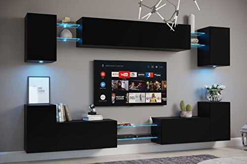 Furnitech Wohnwand Wohnzimmer | Möbel mit LED RGB - 16 Farben | Hängend Modern | Schrankwand mit Regale und TV Schrank (Nairobi D40-M-B17 MATT)