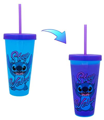 Disney Lilo & Stitch Stay Weird Reisebecher aus Kunststoff, mit wiederverwendbarem Strohhalm und auslaufsicherem Deckel, Fassungsvermögen: 680 ml