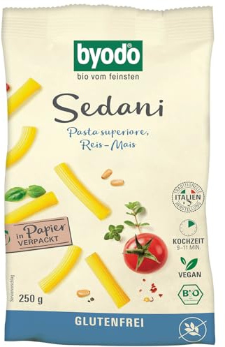 Bio Reis-Mais Sedani von Byodo, 250g - Glutenfreie Nudeln, Ideal für Allergiker, Biologische Landwirtschaft, Vegan - Optimal für Pasta-Gerichte
