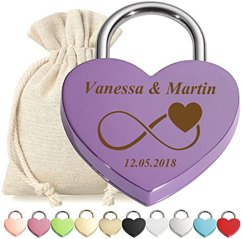 polar-effekt Liebesschloss Vorhängeschloss Lila mit personalisierter Wunschgravur - Motiv Unendlichkeit - Geschenkbeutel - passend zur Hochzeit, Jahrestag, Valentinstag - Paar-Geschenk - Mann, Frau