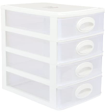 Plastic 4 Tier Desktop Storage Unit with Drawers. Tabletop Organiser. Transparent Mini Storage Tower. (White)