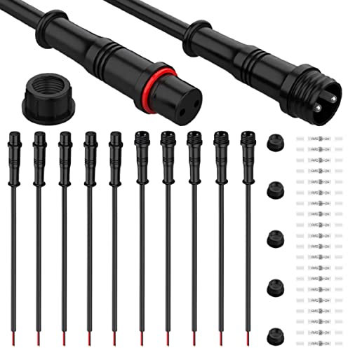 Xiatiaosann Juego de 5 pares de cables de conector LED impermeables de 2 pines - Enchufe macho y hembra (tamaño pequeño) con cable de 0,2 mm² 24 AWG, cable de extensión IP67 de 20 cm para coche