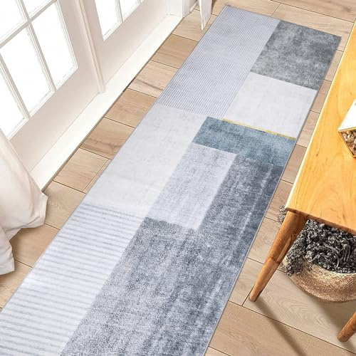 Calore Teppich Läufer Flur Waschbar rutschfest Abstrakt Moderner küchenteppich Kurzflor Langer Läufer für Flur, Küche, Wohnzimmer, Schlafzimmer, Wäsche (Grau/Blau/Gold, 80 x 250 cm)