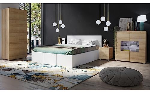 Lomadox Schlafzimmer Set 5-teilig mit Bett 160x200cm, 2 Nachttische, Kleiderschrank 2-TRG., Highboard in Eiche Nb. mit weißem Kunstleder Modern