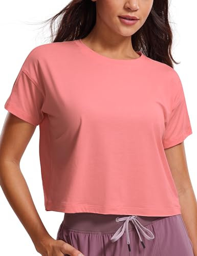 CRZ YOGA Damen Kurzarm Sport Tshirt Loose Baumwolle Fitness Crop Top Sommer Gym Workout Cropped Oberteile Briar Rose 40