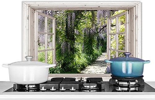 KitchenYeah© Plaque Anti Projection Cuisine 70x50 cm Aluminium Décoration Couvercle Anti Éclaboussure Crédence Cuisine Glycine - Fleurs - Transparent - Arbre - Printemps