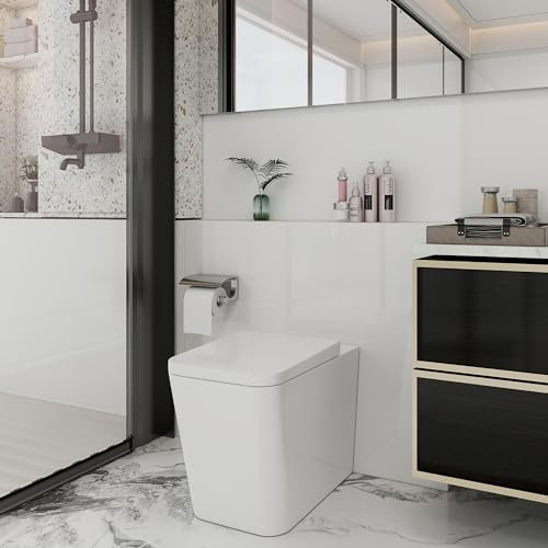 Robanmoa Modern BTW Back to Wall Toilet WC Short Projection Bathrooms Toilets White Ceramic WC Pan & Concealed Cistern Soft Close Seat Square Concealed Cistern Toilet