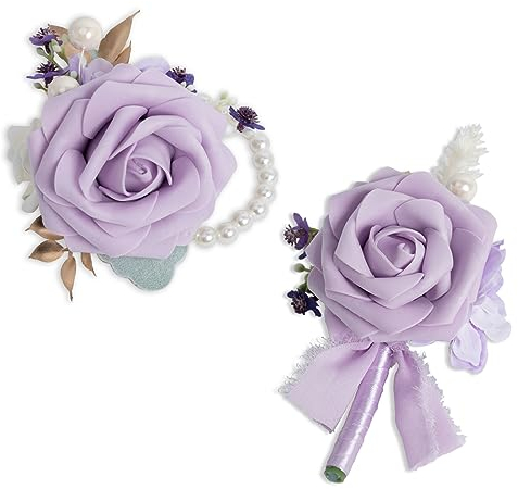 Prakilom Elegante hellviolette Handgelenk-Ansteckblume und Boutonniere-Set, lebensechte weiche Schaumstoff-Rose, künstliche Blume, Abschlussball, Hochzeitsbedarf, Dekorationen ZI-W-B