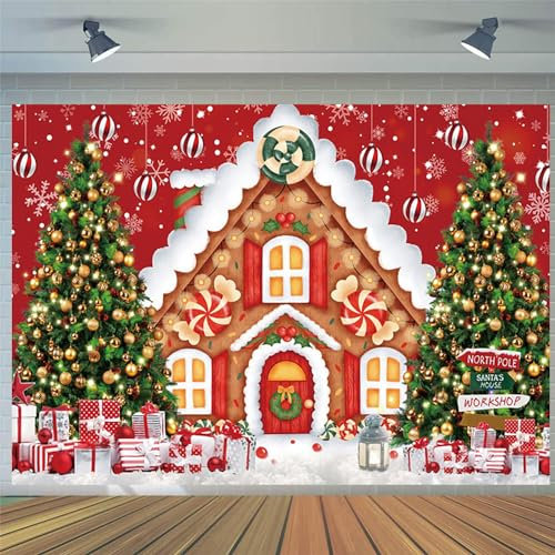 2.1x1.5m Foto Hintergrund Weihnachten Rot Xmas Lebkuchen Süßigkeiten Haus Geschenk Gestapelt Weihnachtsbaum Fotografie Hintergrund Familie Kinder Winter Urlaub Weihnachten Neujahr Party Dekorationen