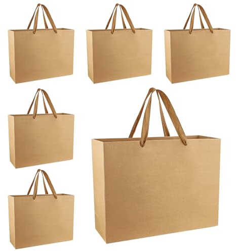 Xloey Braune Geschenktüten, 6 Stück, große Geschenktüten, braune Kraftpapier-Einkaufstaschen mit Griffen, für Weihnachten, Geburtstag, Neujahr, Geschäft, Einzelhandel, Hochzeit, Partygeschenk