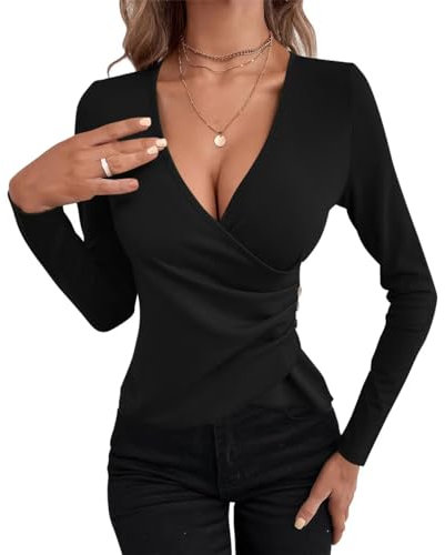 EMOTTOS Women's Sexy V-Neck Tops- Slim Fit Cross Wrap Shirts Soft Crop Top Deep V Neck Long Sleeve, Button Tunic Tops Ruched Hem Blouse, Fashion Skinny Y2K Tee Shirt(Black-L)