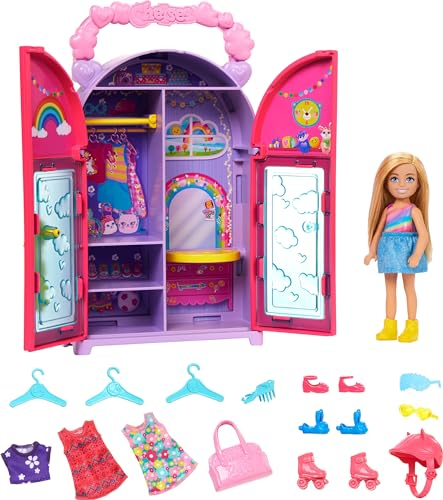 Barbie Chelsea Puppe und Kleiderschrank-Spielset mit Kleidung und Accessoires, 17-teiliges Set, faltbar zum Spielen für unterwegs und zum Verstauen, HXN03