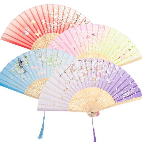 Fumwase 4 Pcs Handheld Folding Fan Small Chinese Silk with Tassel Floral Manual Fan Handheld Bulk for Women and Men Music Festival Dance Party Decoration