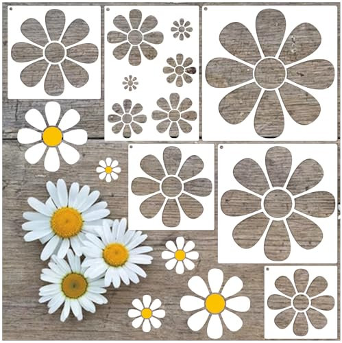 Yhliua Floral Daisy Stencils for Painting & Crafts - 11.8 Inch Reusable Wood Burning & Drawing Art Spring Paint Stencils for Wall, Cake, Cookie, Canvas, Furniture & Paper (6 Daisy)