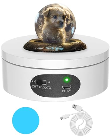 MYMULIKE Motorized Rotating Display Stand, Electric Rotating Turntable with PVC Backdrop, 4.72inch/12cm 360° rotation, Noiseless Automatic USB Revolving Platform to Display Jewelry, Watch