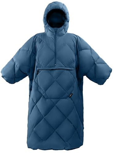 ATEPA Wearable Sleeping Bag, Recycled Insulated Water-Resistant Camping Blanket Poncho, Ultralight Packable Hooded Stadium Blanket for Outdoor Sports Fishing Backpacking Hiking Cold Weather, Blue