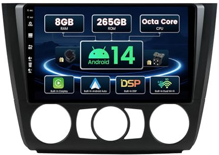 SXAUTO ¦ 8G+256G ¦ Android 14 IPS Autoradio Para BMW 1 Series E81/E82/E87/E88 (2004-2012) - Inalámbrica CarPlay/Android Auto - LED Cámara + MIC - DSP Dab 4G 360-CAM Volante Fast-Boot - 9 Pulgada 2 DIN