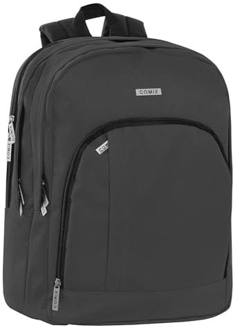 COMIX - Zaino Scuola, Università e Lavoro, con 3 Ampi Scomparti, Alloggio Porta PC, Tasca Frontale, Chiusura a Zip e Spallacci Regolabili, 32x43Hx23 cm, 31L, Colore Nero