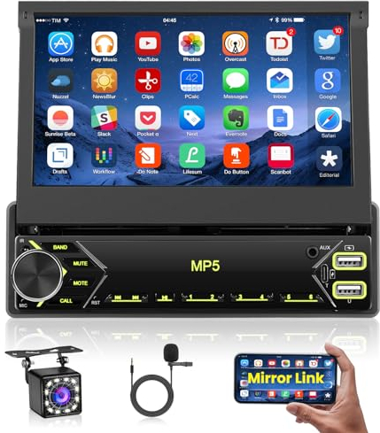 Hikity 1 DIN Autoradio Ecran Tactile Retractable 7 Pouces Bluetooth Poste Radio Voiture avec Caméra de Recul, Auto Stereo Soporte Mirror Link, Steering Wheel Remote Control, USB, MIC