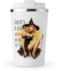 MAXIKIWI - Insulated Double Walled, Leakproof Stainless Steel Mug, Coffee or Tea Travel Tumbler with Lid, Keep Drinks Hot and Cold - Halloween Pinup Girl Witch - 350ml