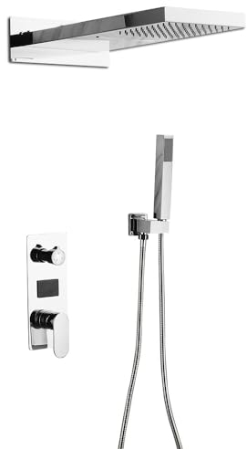 Sistema de ducha empotrado con ducha de mano, juego de grifo de ducha con termostato LED, alcachofa de ducha, panel de ducha de efecto lluvia, masaje, cascada, plata, grifo de pared, de acero