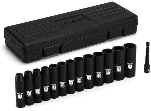 EMENTOL 14PCS 3/8Dr. Deep Impact Socket Set, Metric, 12-Point, CR-V, 14 Pieces 3/8-Inch Drive Deep Socket Set, 7mm - 19mm
