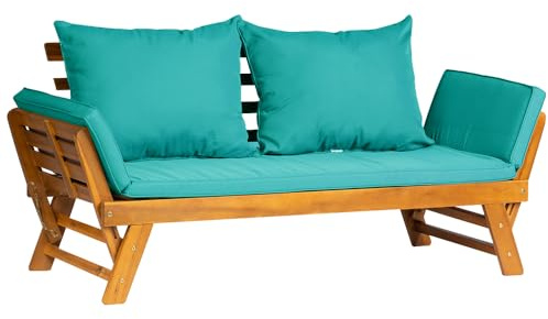 Panana Acacia Wood Convertible Couch Sofa Bed with Adjustable Armrest Folding Daybed Collapsible Chaise Lounge with Cushion Pillow Outdoor Loveseat for Garden Patio Poolside (Turquoise)