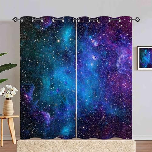 ANHOPE Weltraum Blau Lila Galaxie Gardinen Blickdichte mit Ösen Kinder Jungen Mädchen Thermo Vorhänge Blackout Curtain Vorhang Wohnzimmer Schlafzimmer Verdunklungsvorhänge 2er Set H 214 x B 140 cm