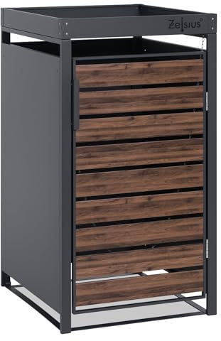 Zelsius Mülltonnenbox 1er mit Pflanzdach für 1 Mülltonne | (B) 68 x (T) 80 x (H) 124 cm | Anthrazit RAL 7016 | Tür in dunkelbrauner Holzoptik mit Erweiterungsmöglichkeit | Mülltonnenverkleidung