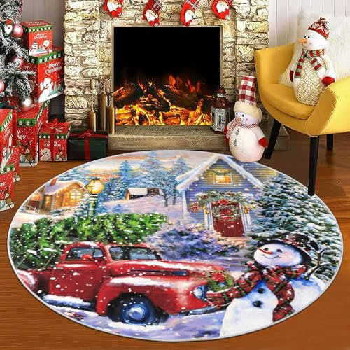 SHACOS Weihnachtsteppich Rund 150 cm Kurzflor Runder Teppich Weihnachten Groß Weihnachtsmatte Weich Runder Weihnachten Teppich für Wohnzimmer, Küche, Weihnachtsdeko, Rot